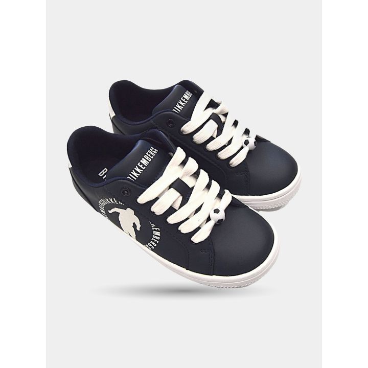 Paio di sneakers Bikkembergs blu con lacci bianchi viste di tre quarti