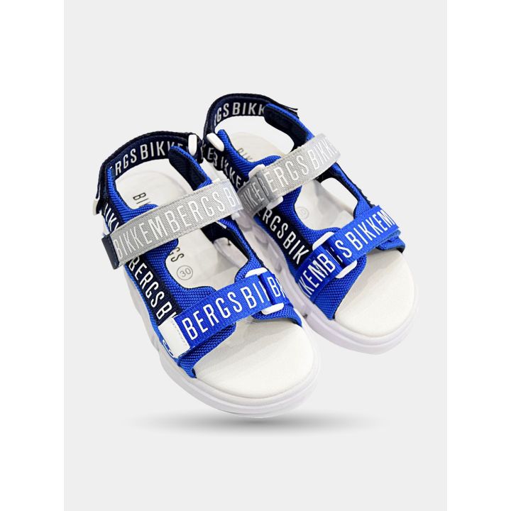 Paio di sandali Bikkembergs blu royal, grigi e neri visti di tre quarti