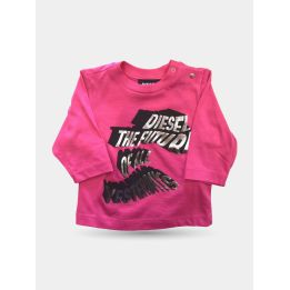 T-shirt Diesel fucsia da neonata vista frontale con scritta argento