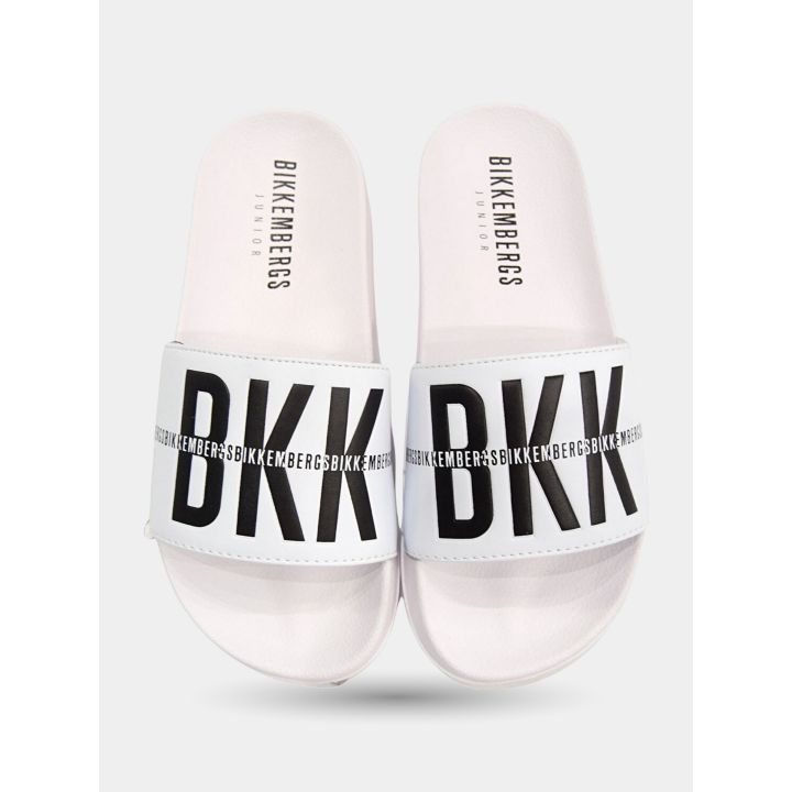 Ciabatte Bikkembergs bianche viste dall'alto con scritta BKK e plantare Junior