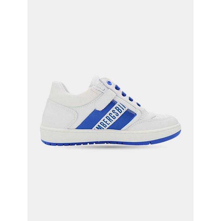 Sneaker Bikkembergs bianca con fascia blu e scritta, vista laterale