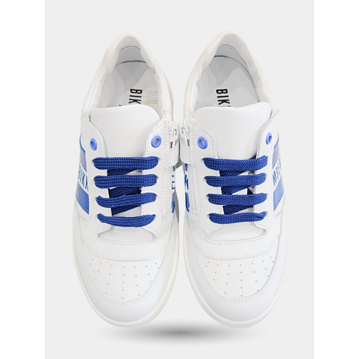 Sneakers Bikkembergs bianche e blu viste dall'alto con la zip laterale