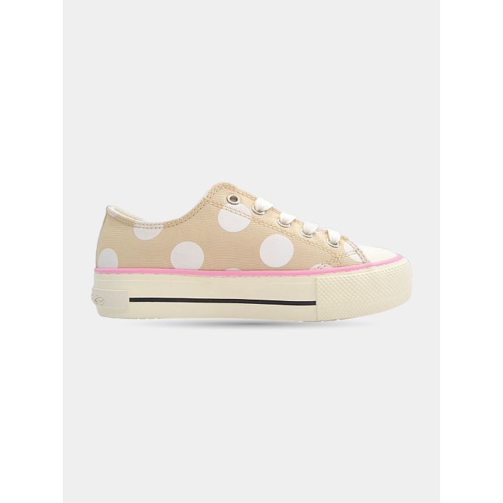 Sneakers Manila Grace beige a pois bianchi con bordo rosa, lato esterno