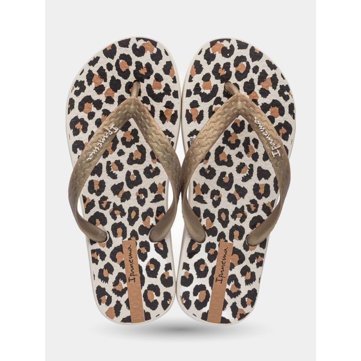 Paio di ciabatte Ipanema beige leopardate con fascette bronzo, viste dall'alto