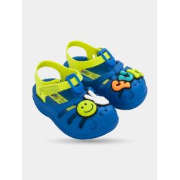 Ciabatte Ipanema bambino blu e verde lime con scritta Fun, tre quarti