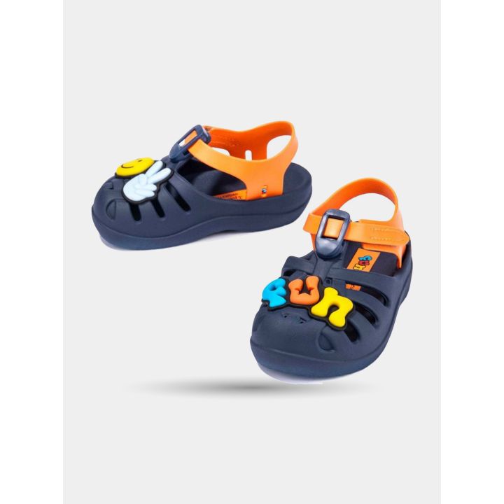 Ciabatte Ipanema blu con smile e scritta Fun, viste di lato
