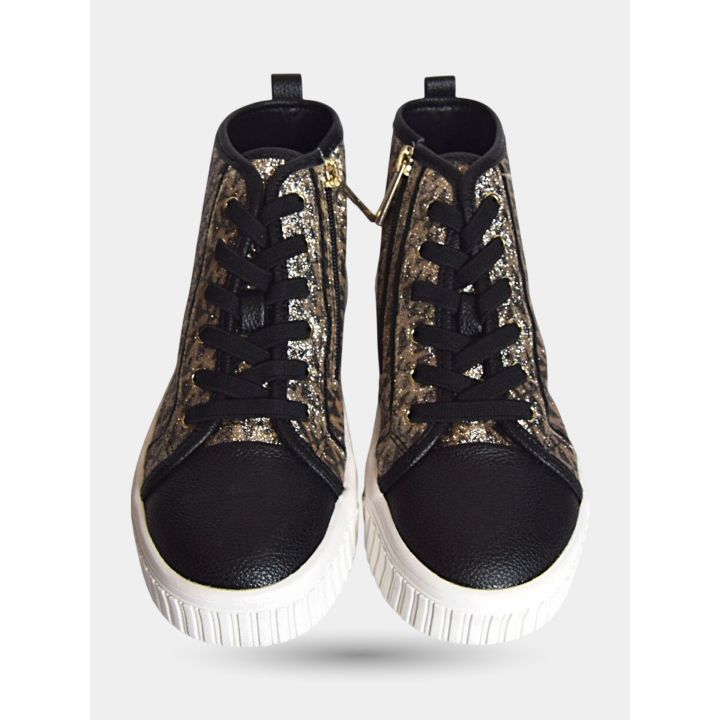 Sneakers alte glitter oro viste di fronte con punta nera liscia