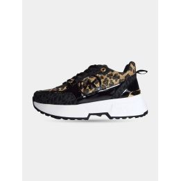 Sneakers Michael Kors nere e leopardate vista laterale con suola bianca