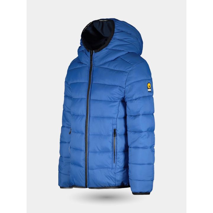 Lato blu trapuntato di tre quarti con tasche con zip e toppa logo sulla manica