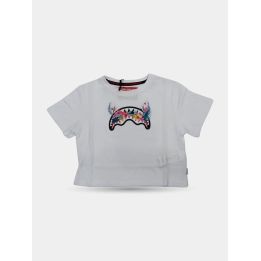 T-shirt Sprayground bianca vista frontale con squalo a fiori tropicali