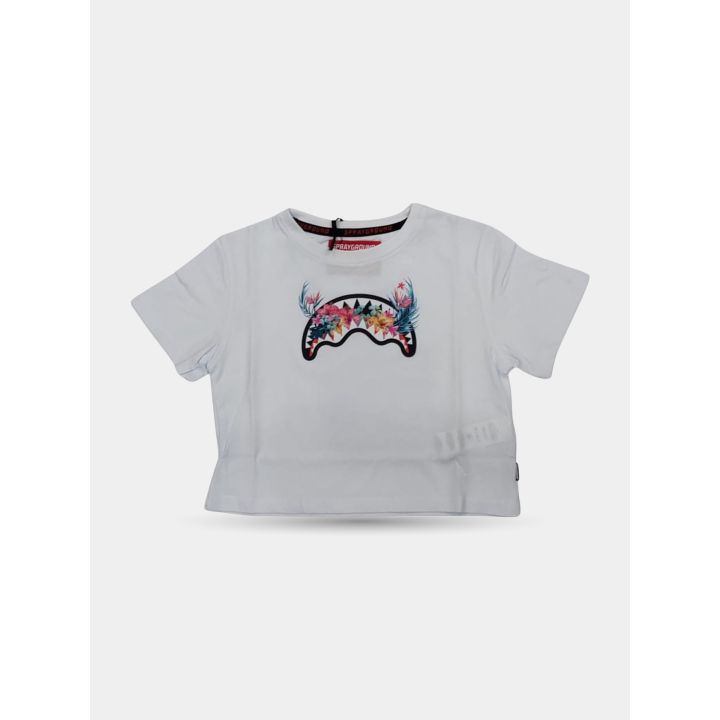 T-shirt Sprayground bianca vista frontale con squalo a fiori tropicali