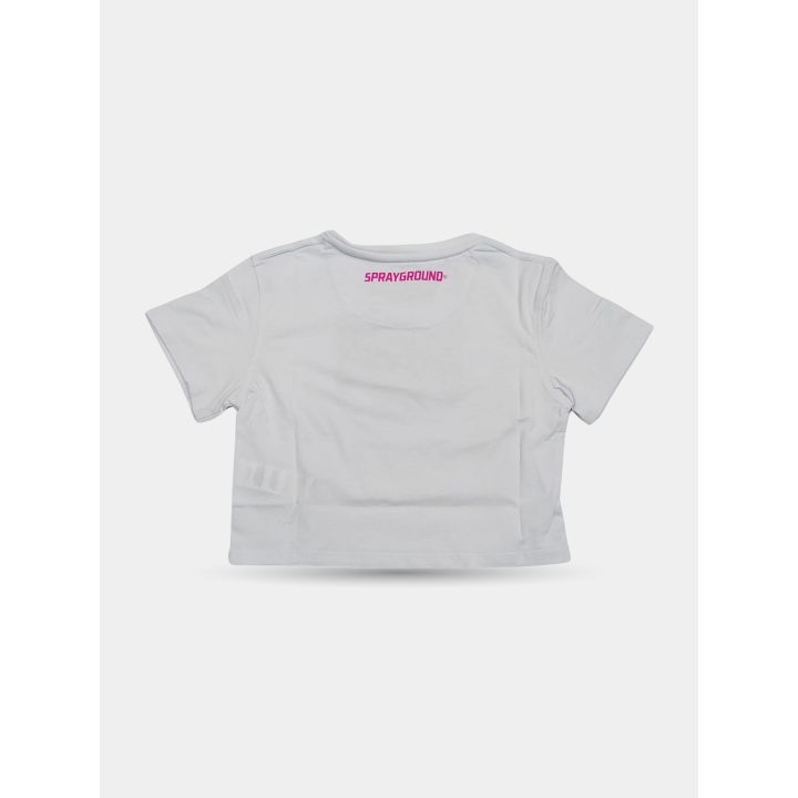 Retro della t-shirt bianca con logo Sprayground rosa sotto il collo