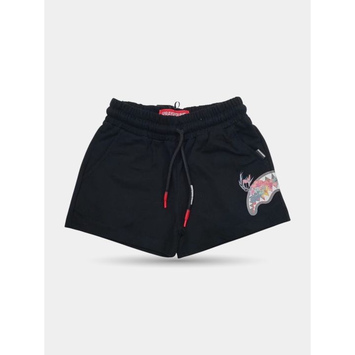 Pantaloncini Sprayground neri vista frontale con squalo a fiori tropicali