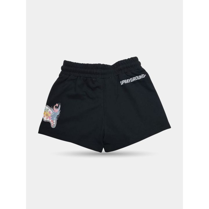 Retro dei pantaloncini neri con scritta Sprayground bianca