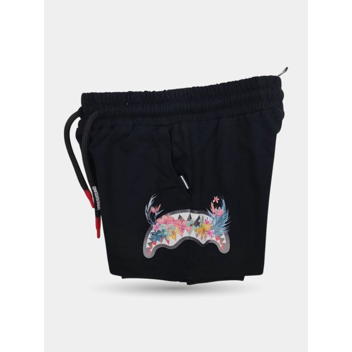 Pantaloncini neri visti di lato con la bocca di squalo a fiori