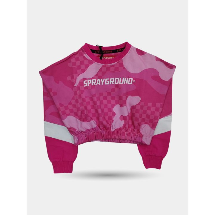 Maglia crop Sprayground rosa camouflage vista frontale con logo bianco