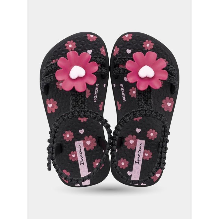 Ciabatte Ipanema bambina nere con fiore rosa viste dall'alto