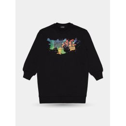 Abito felpa Diesel nero da bambina vista frontale con logo multicolore