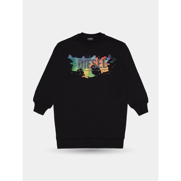 Abito felpa Diesel nero da bambina vista frontale con logo multicolore