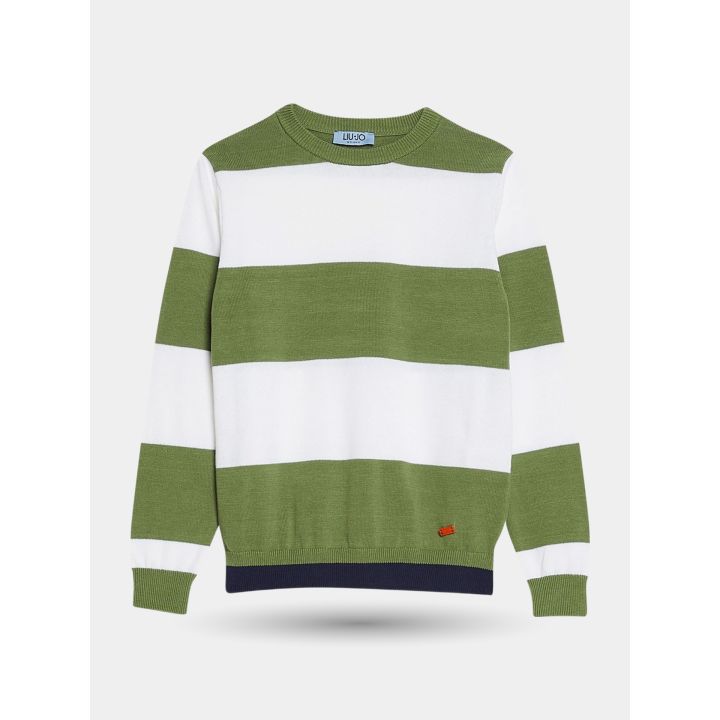 Maglia Liu Jo a righe verdi e bianche con bordo blu, vista frontale