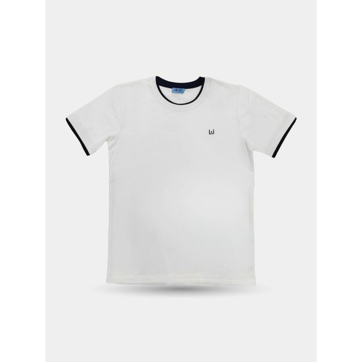T-shirt Liu Jo bianca con girocollo blu e logo LJ ricamato, vista frontale