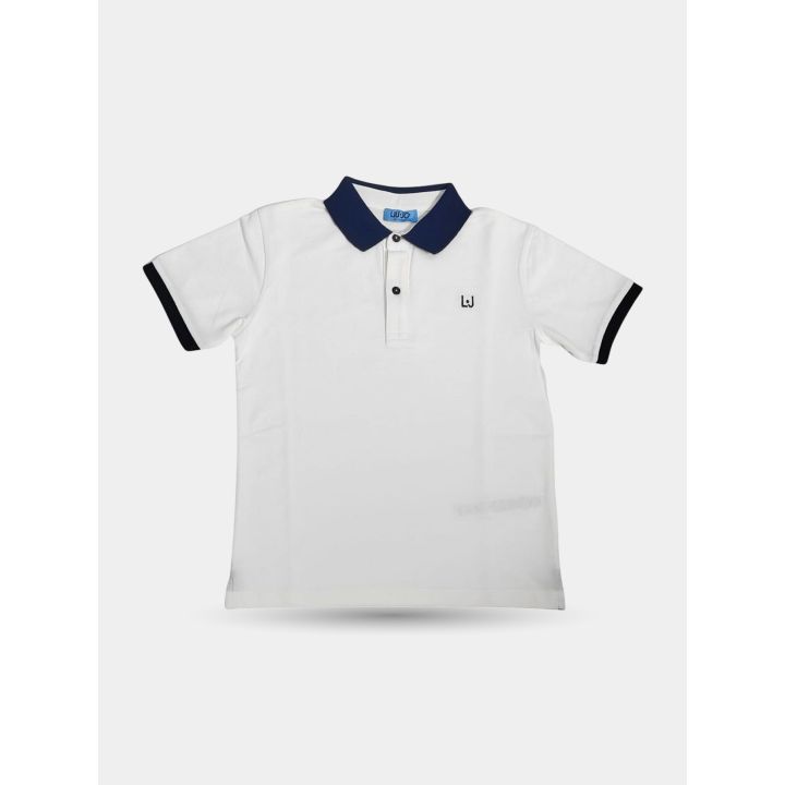 Polo Liu Jo bianca con colletto blu e logo LJ ricamato, vista frontale