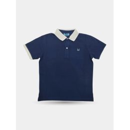 Polo Liu Jo blu con colletto bianco panna e logo LJ, vista frontale