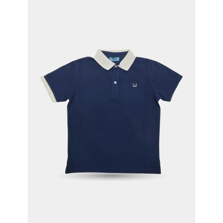 Polo Liu Jo blu con colletto bianco panna e logo LJ, vista frontale