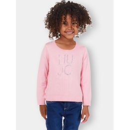 Bambina con la maglia Liu Jo rosa con logo di brillantini, vista frontale