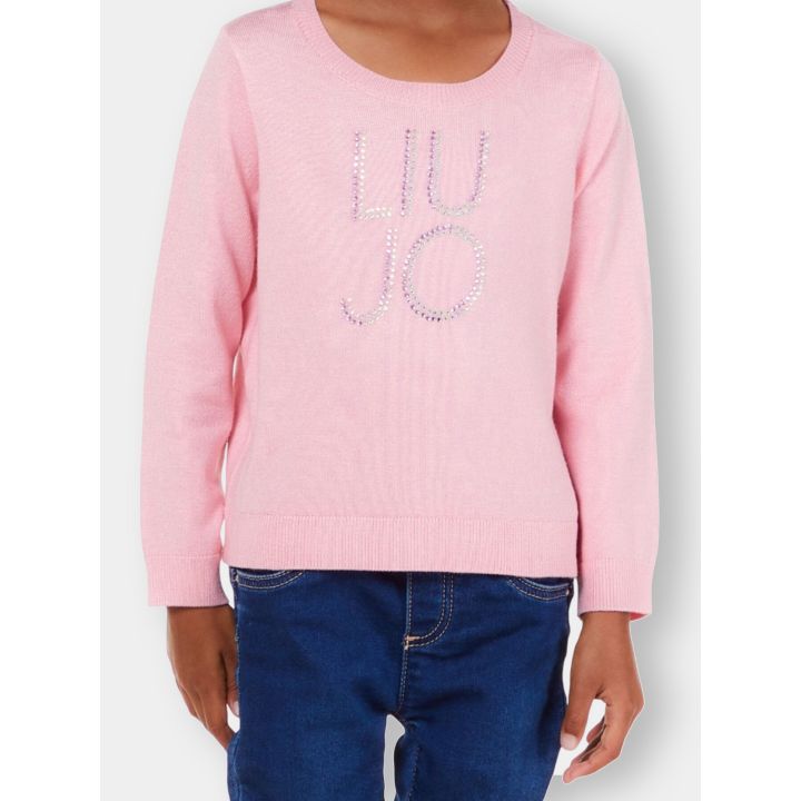 Maglia Liu Jo rosa girocollo con lettere LIU JO in brillantini, indossata