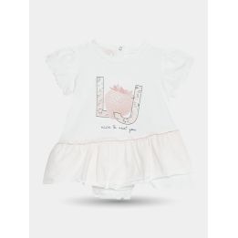 Tutina Liu Jo bianca con stampa LJ, fragola e balza rosa, vista frontale