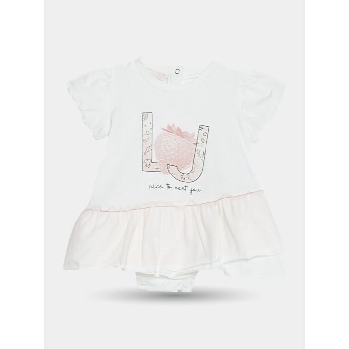 Tutina Liu Jo bianca con stampa LJ, fragola e balza rosa, vista frontale