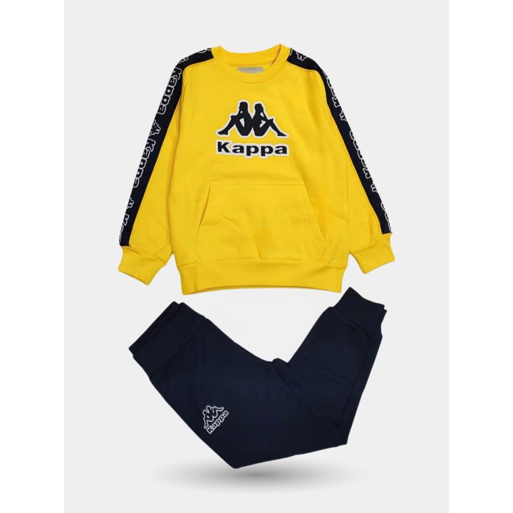 Tuta Kappa da bambino con felpa gialla e pantalone blu, vista frontale