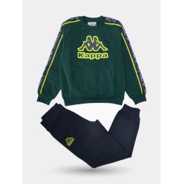 Tuta Kappa verde da ragazzo con felpa girocollo e pantalone blu, vista frontale