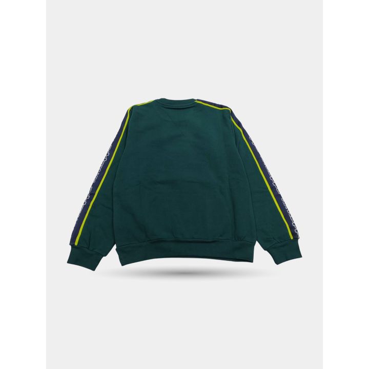 Retro della felpa verde Kappa con bande e filetto giallo sulle maniche