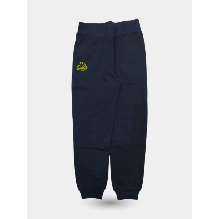 Pantalone blu Kappa con logo giallo fluo sulla gamba