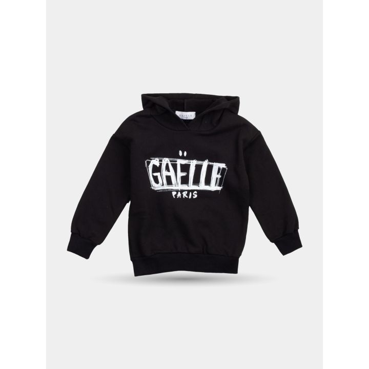 Felpa nera Gaelle Paris con cappuccio e logo bianco, vista frontale