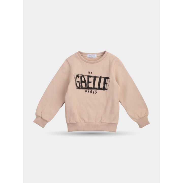 Felpa girocollo beige Gaelle Paris con logo nero, vista frontale
