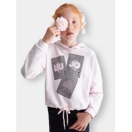 Ragazza con la felpa Liu Jo rosa con cappuccio e carte da gioco in brillantini