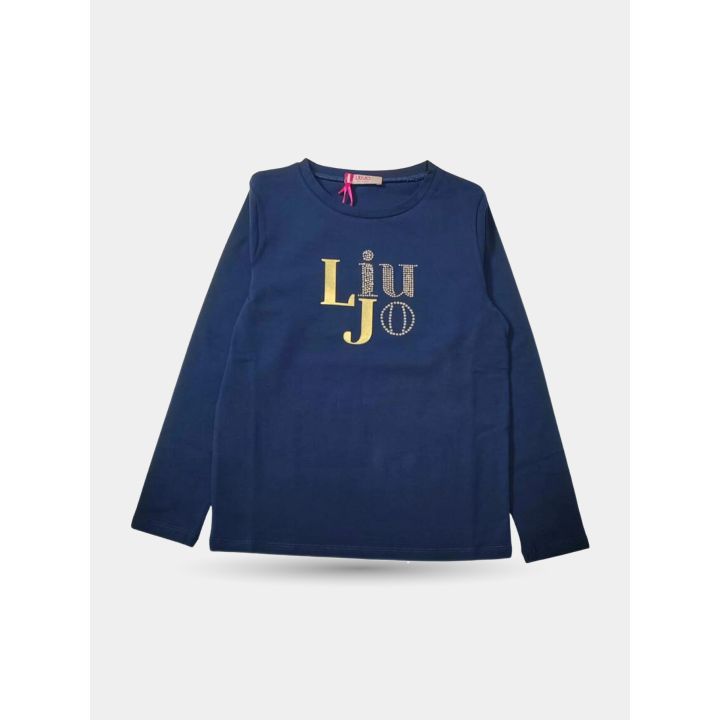 T-shirt Liu Jo blu a manica lunga con logo oro e brillantini, vista frontale