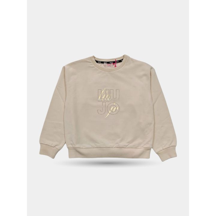 Felpa Liu Jo beige girocollo con logo dorato e brillantini, vista frontale