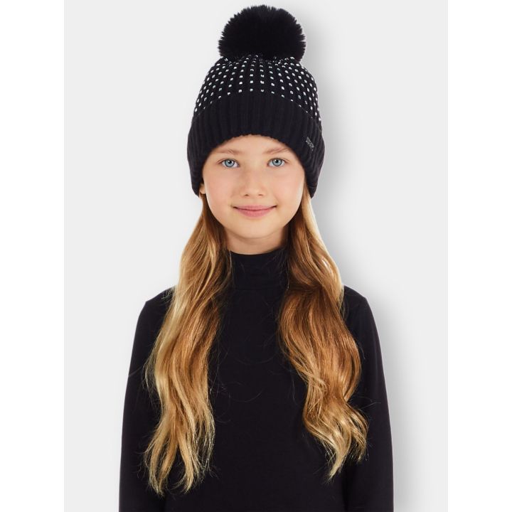Bambina con il cappello Liu Jo nero con pon pon e brillantini argento
