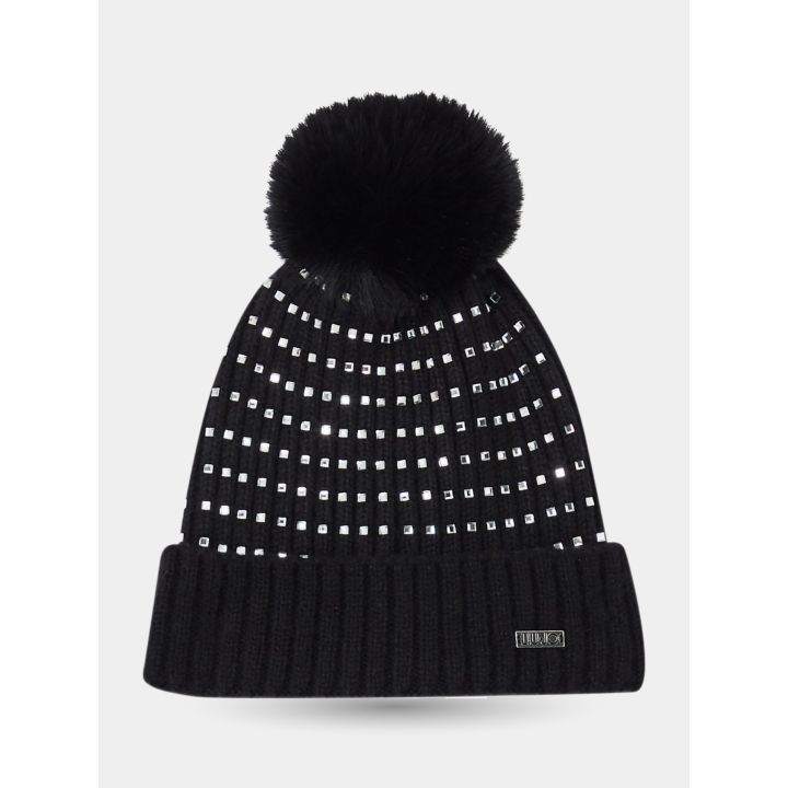 Cappello Liu Jo nero con pon pon, strass argento e risvolto a coste