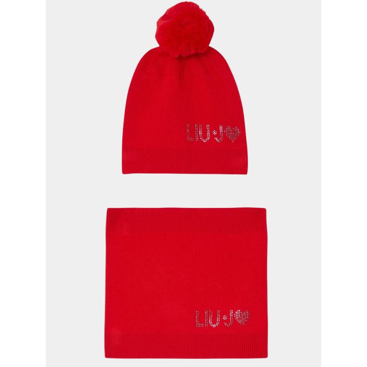 Cappello con pon pon e scaldacollo Liu Jo rossi con logo e cuore in strass