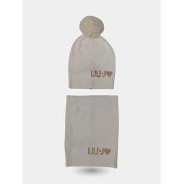 Cappello e scaldacollo Liu Jo bianco panna con logo in strass dorati
