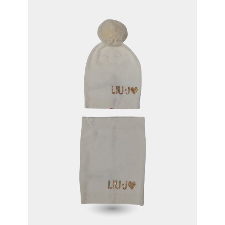 Cappello e scaldacollo Liu Jo bianco panna con logo in strass dorati