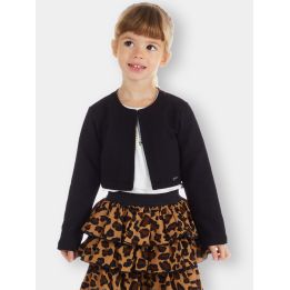 Bambina con la giacca corta Liu Jo nera aperta sopra la gonna leopardata