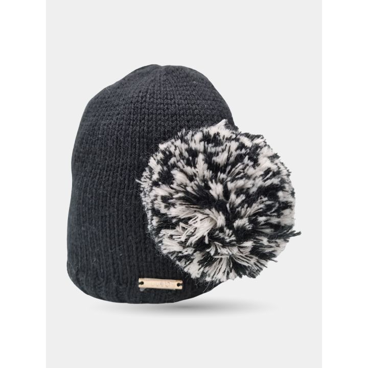 Cappello Liu Jo nero con pon pon laterale bianco e nero, vista di lato