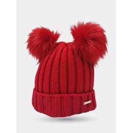 Cappello Liu Jo rosso a coste con doppio pon pon, vista di tre quarti