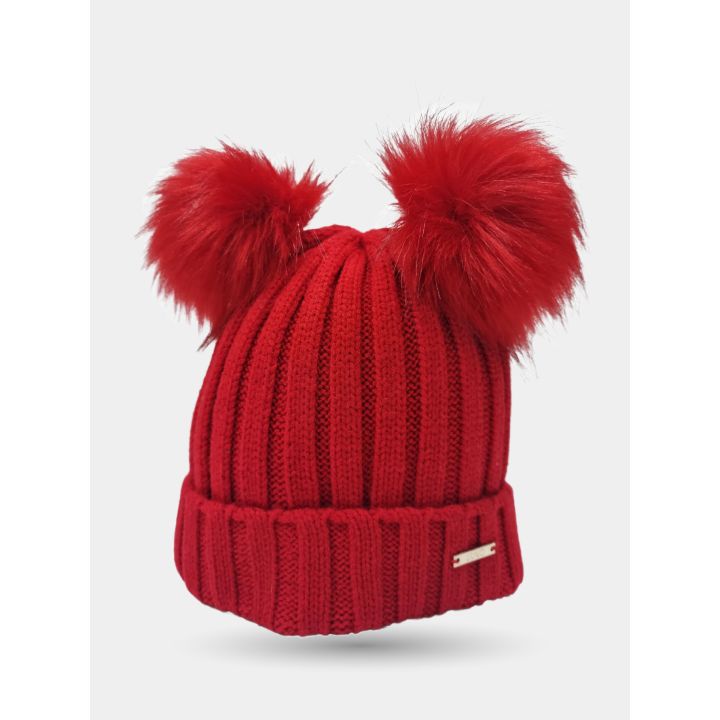 Cappello Liu Jo rosso a coste con doppio pon pon, vista di tre quarti